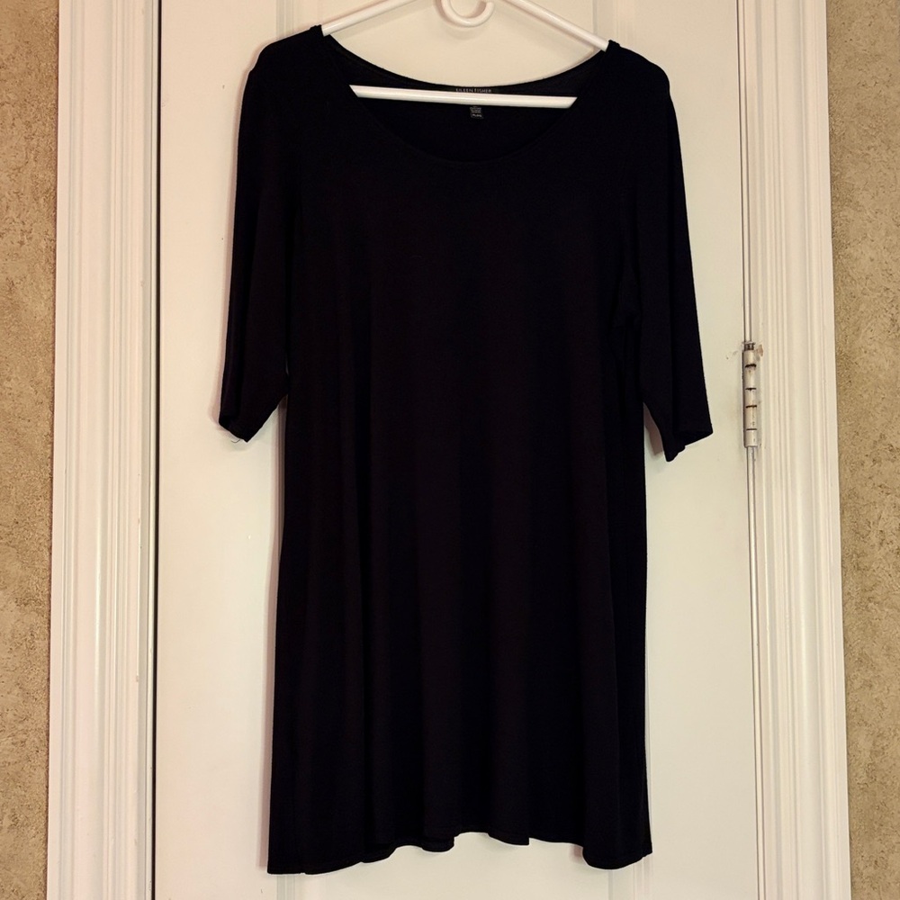 Eileen Fisher Jersey Shift Dress Black Petite Large Classic Minimalist - Picture 4 of 9